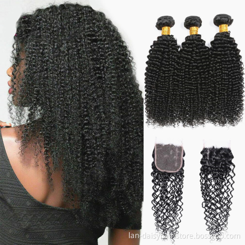 Afro kinky curly 3 bundles with closure  malaysian human hair bundles with closure curly hair in wholesale natural color